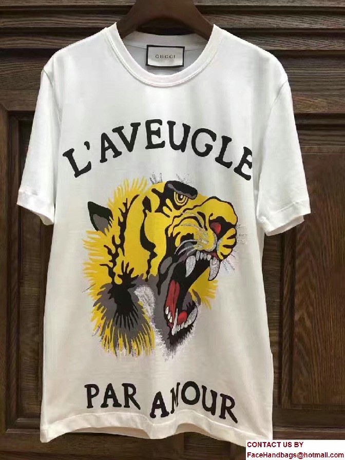 Gucci Tiger and L'Aveugle Par Amour Print Cotton T-Shirt 422731 White 2017