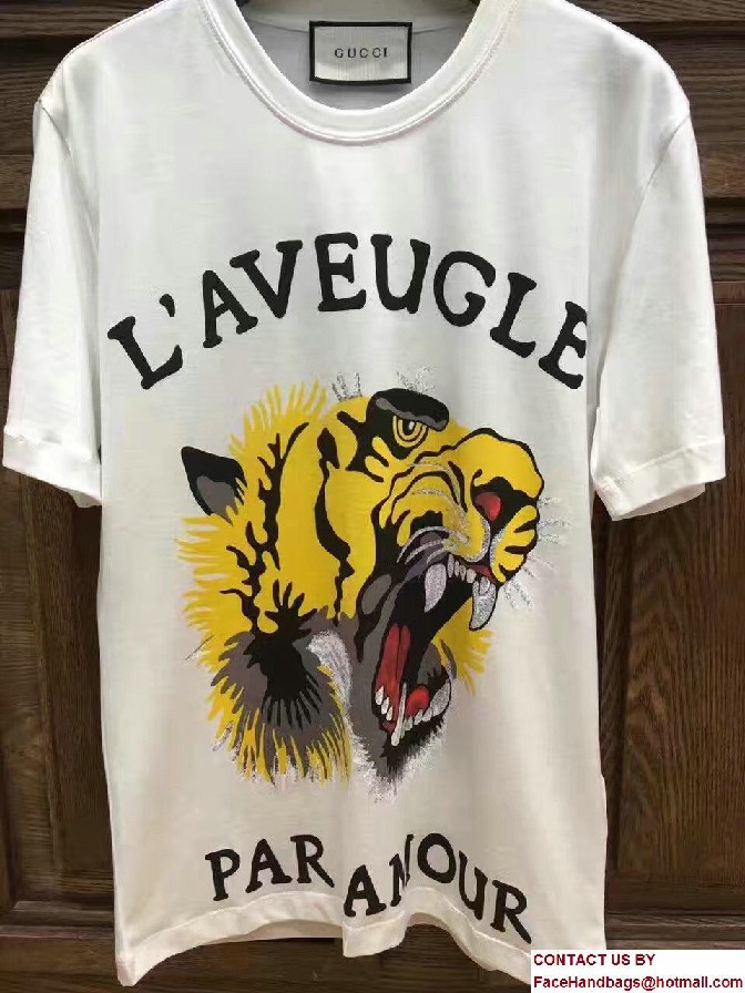 Gucci Tiger and L'Aveugle Par Amour Print Cotton T-Shirt 422731 White 2017