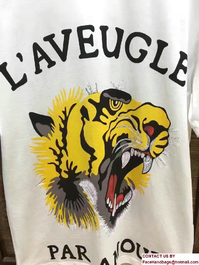 Gucci Tiger and L'Aveugle Par Amour Print Cotton T-Shirt 422731 White 2017