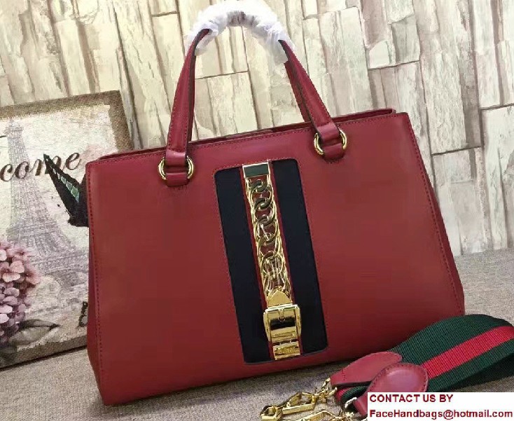 Gucci Web Chain And Buckle Sylvie Leather Top Handle Large Bag 453790 Red 2017