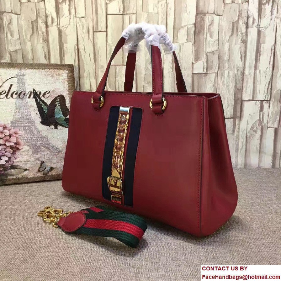 Gucci Web Chain And Buckle Sylvie Leather Top Handle Large Bag 453790 Red 2017