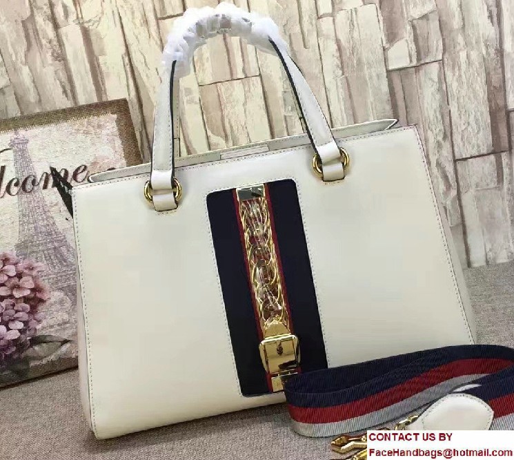 Gucci Web Chain And Buckle Sylvie Leather Top Handle Large Bag 453790 White 2017 - Click Image to Close