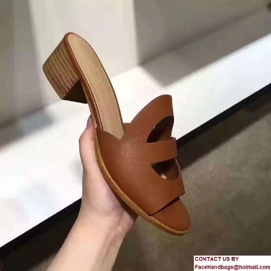 Hermes Calfskin Stacked Heel Mona Slipper Sandals Khaki 2017