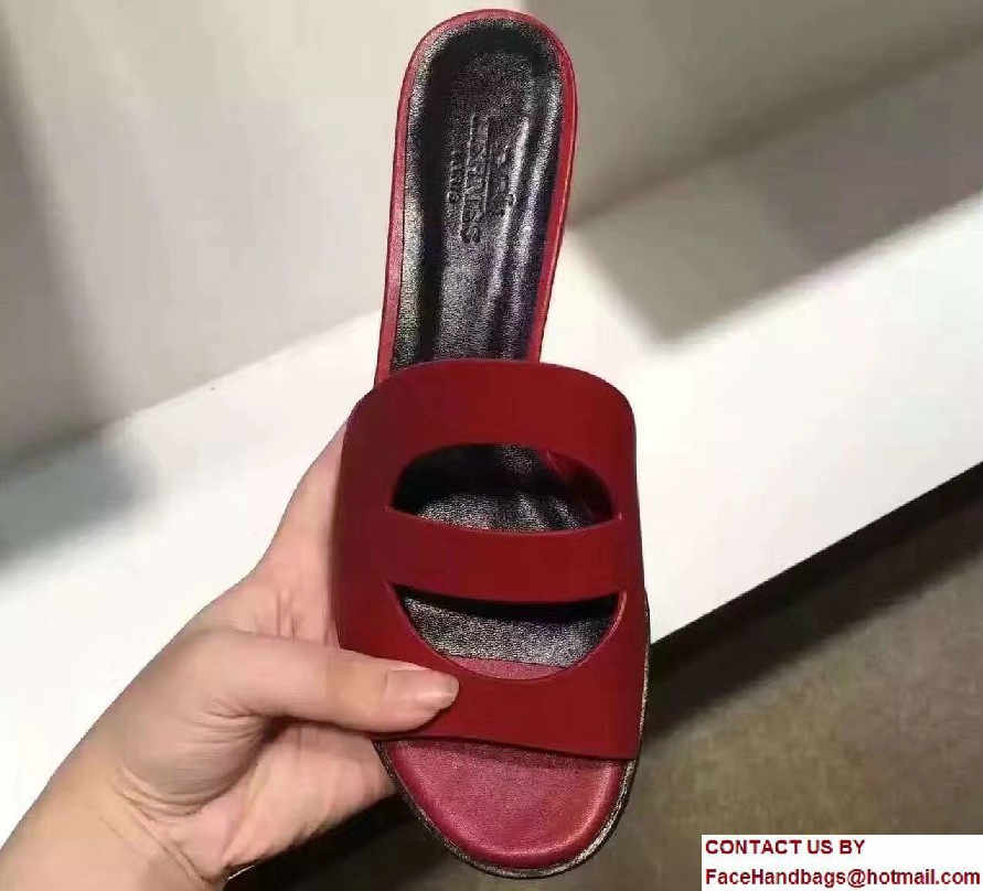 Hermes Calfskin Stacked Heel Mona Slipper Sandals Red 2017 - Click Image to Close