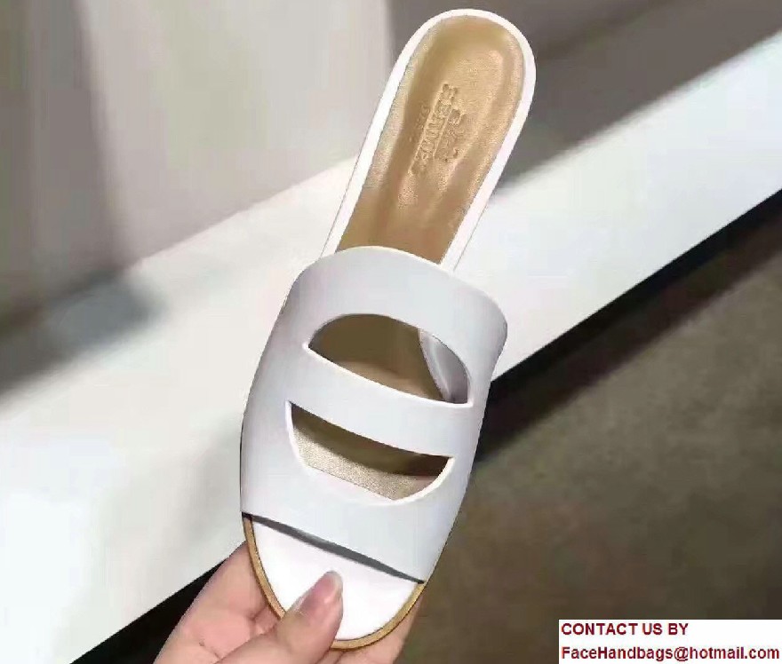 Hermes Calfskin Stacked Heel Mona Slipper Sandals White 2017 - Click Image to Close