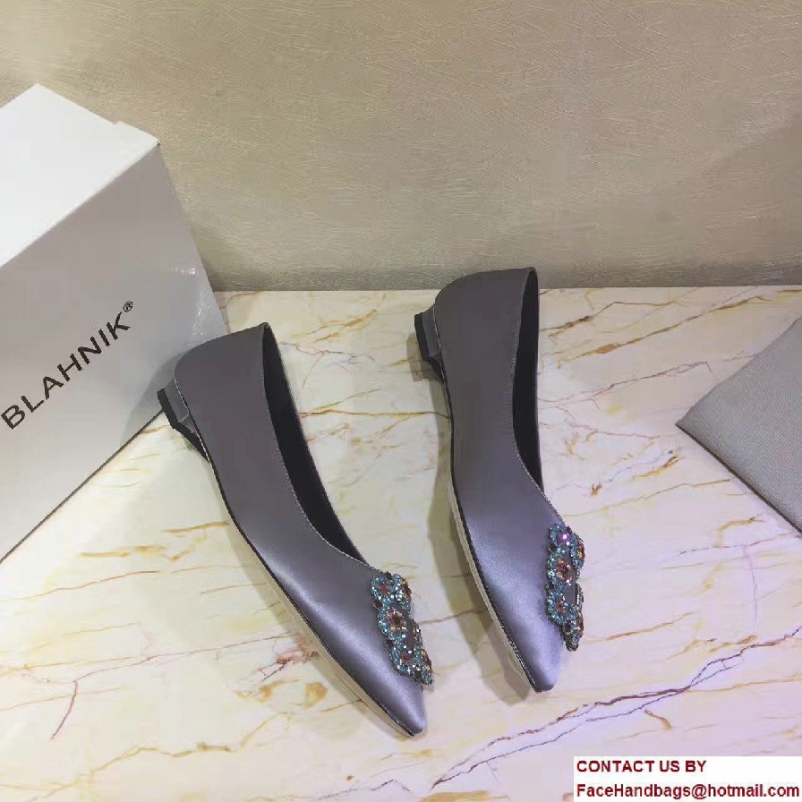 Manolo Blahnik Hangisi Jewel Buckled Satin Flats Gray 2017