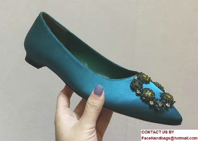 Manolo Blahnik Hangisi Jewel Buckled Satin Flats Green 2017 - Click Image to Close