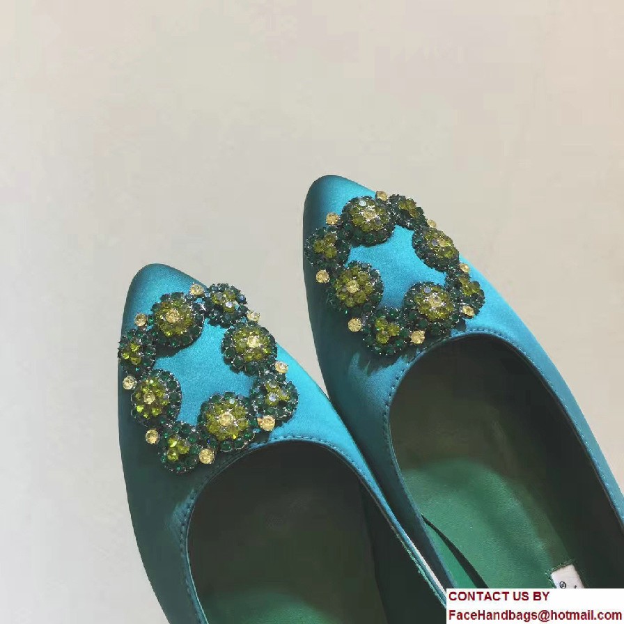 Manolo Blahnik Hangisi Jewel Buckled Satin Flats Green 2017