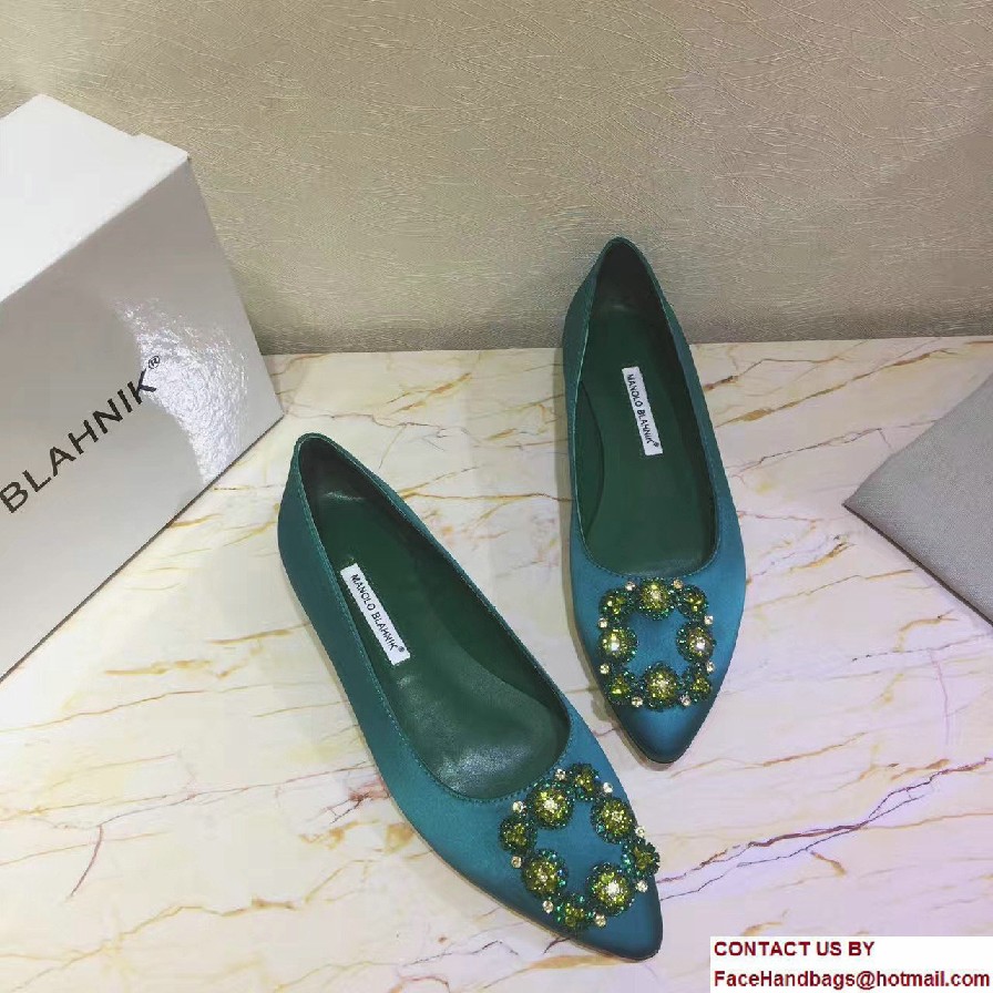 Manolo Blahnik Hangisi Jewel Buckled Satin Flats Green 2017