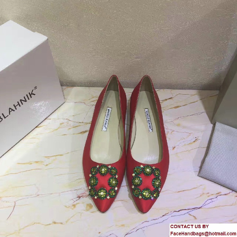 Manolo Blahnik Hangisi Jewel Buckled Satin Flats Red 2017