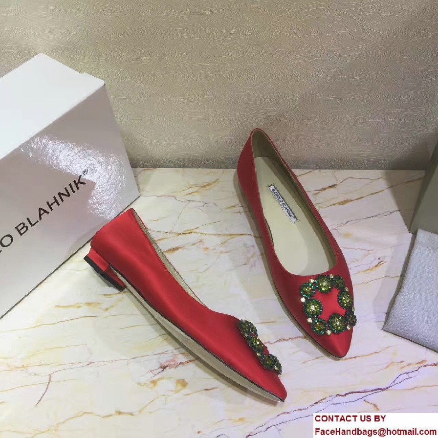 Manolo Blahnik Hangisi Jewel Buckled Satin Flats Red 2017