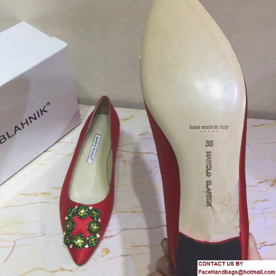 Manolo Blahnik Hangisi Jewel Buckled Satin Flats Red 2017