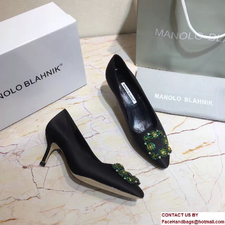 Manolo Blahnik Heel 6.5cm Hangisi Jewel Buckled Satin Pumps Black 2017