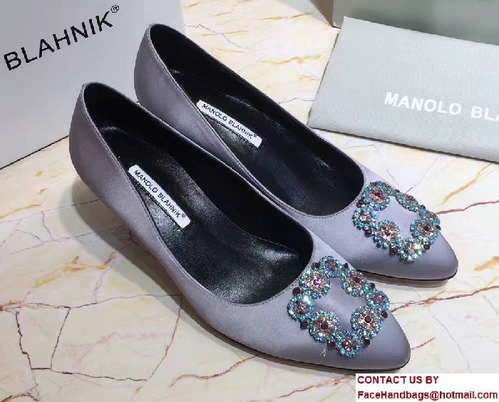 Manolo Blahnik Heel 6.5cm Hangisi Jewel Buckled Satin Pumps Gray 2017 - Click Image to Close