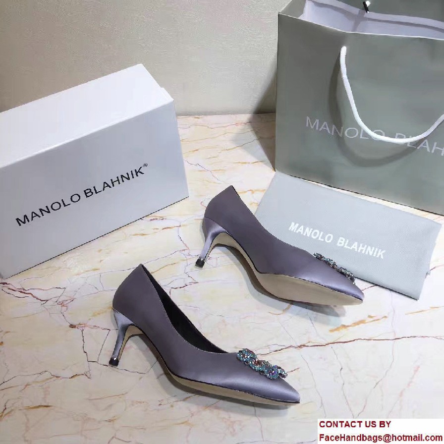 Manolo Blahnik Heel 6.5cm Hangisi Jewel Buckled Satin Pumps Gray 2017