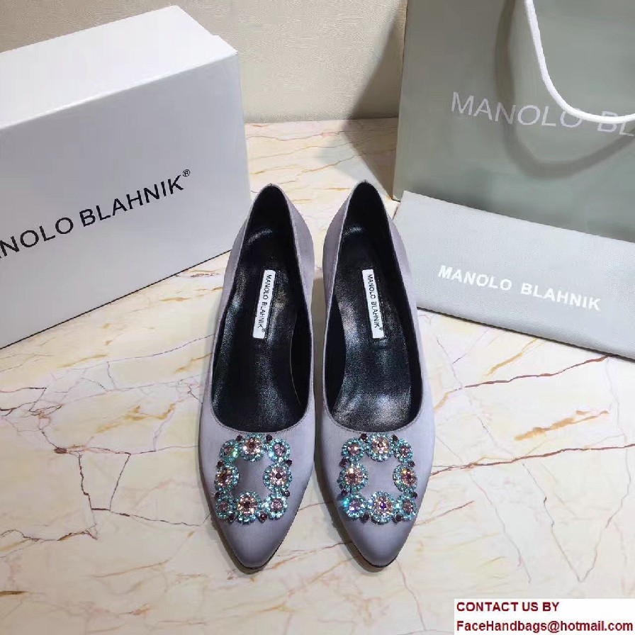 Manolo Blahnik Heel 6.5cm Hangisi Jewel Buckled Satin Pumps Gray 2017