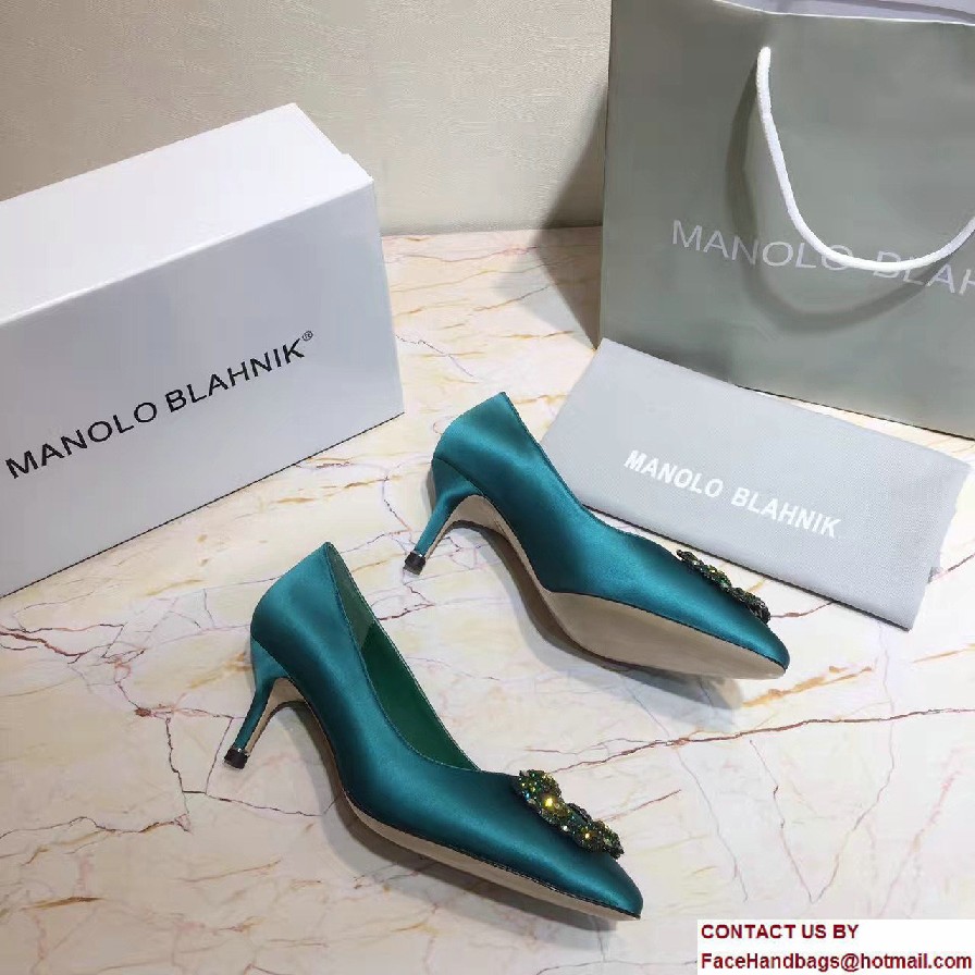 Manolo Blahnik Heel 6.5cm Hangisi Jewel Buckled Satin Pumps Green 2017