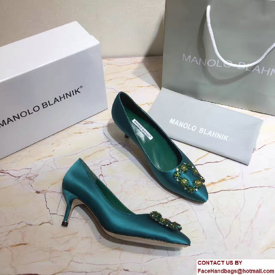 Manolo Blahnik Heel 6.5cm Hangisi Jewel Buckled Satin Pumps Green 2017