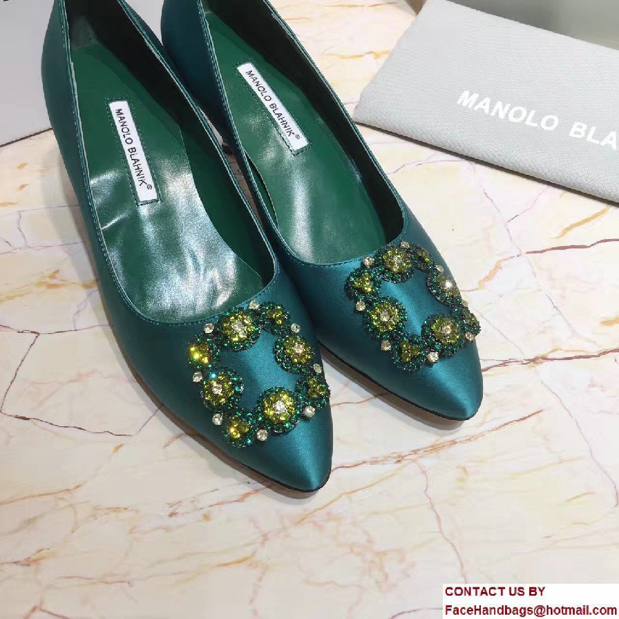 Manolo Blahnik Heel 6.5cm Hangisi Jewel Buckled Satin Pumps Green 2017