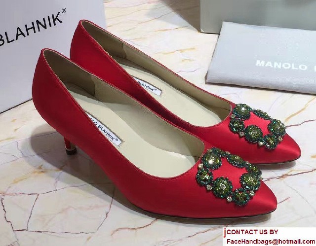 Manolo Blahnik Heel 6.5cm Hangisi Jewel Buckled Satin Pumps Red 2017