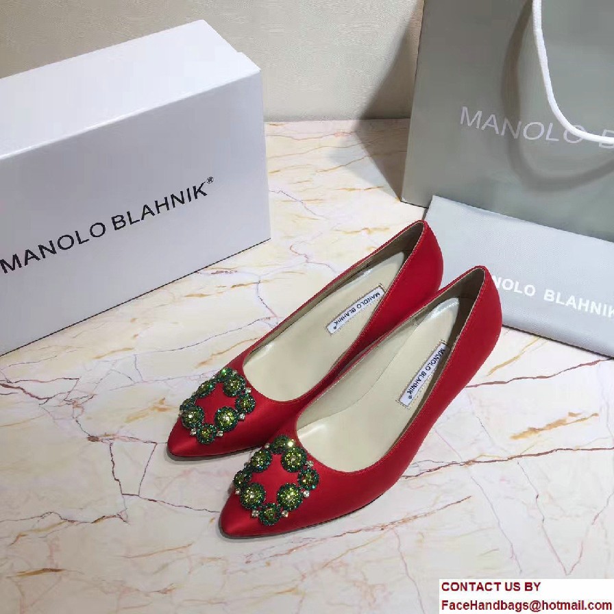 Manolo Blahnik Heel 6.5cm Hangisi Jewel Buckled Satin Pumps Red 2017