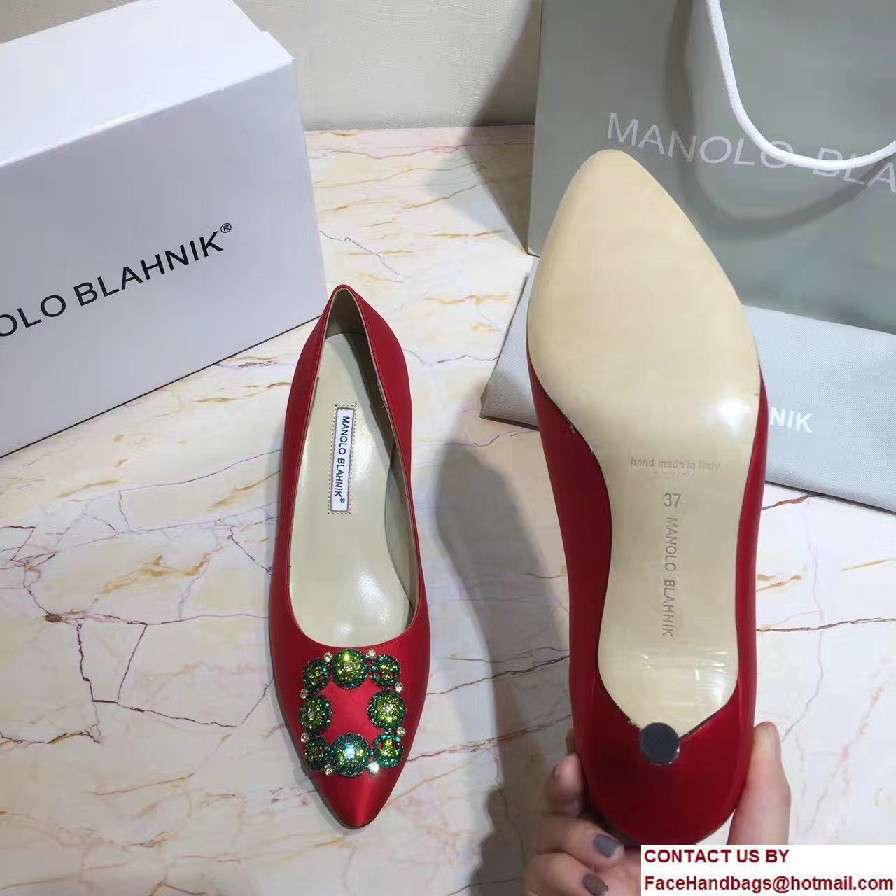 Manolo Blahnik Heel 6.5cm Hangisi Jewel Buckled Satin Pumps Red 2017