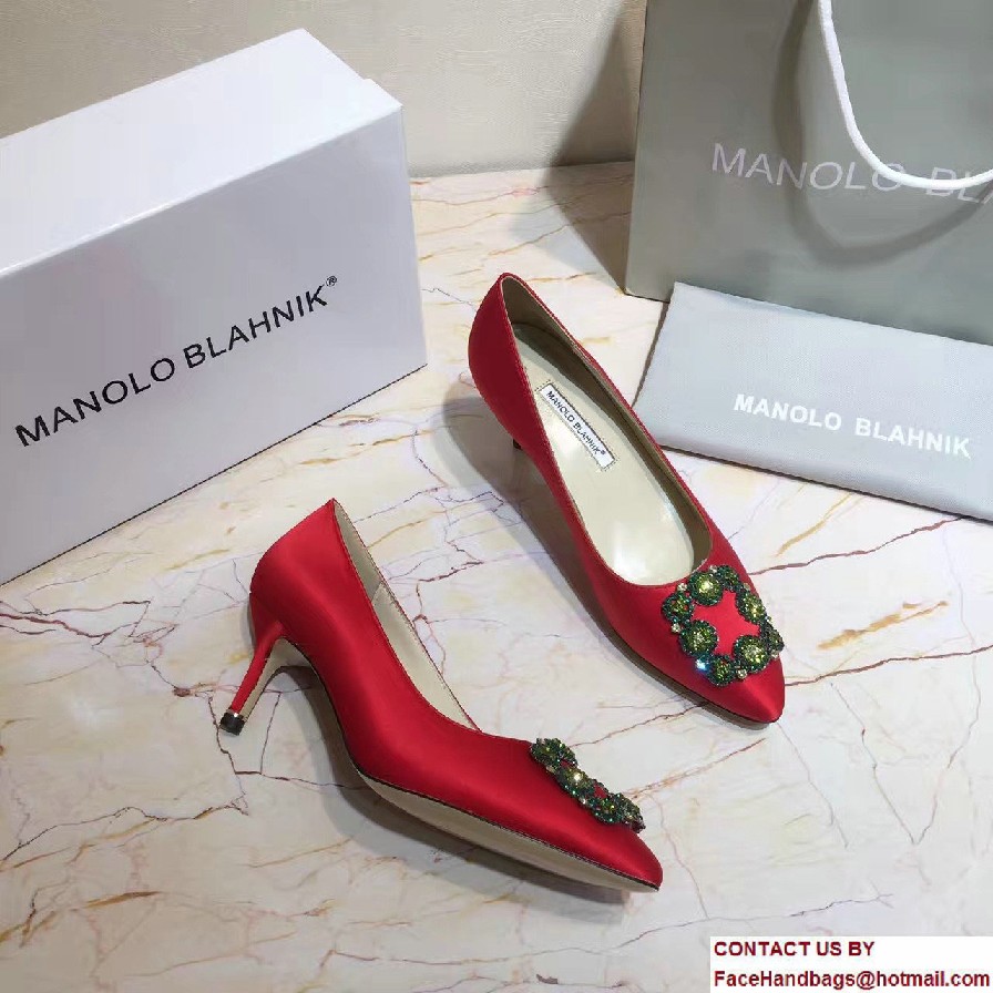 Manolo Blahnik Heel 6.5cm Hangisi Jewel Buckled Satin Pumps Red 2017