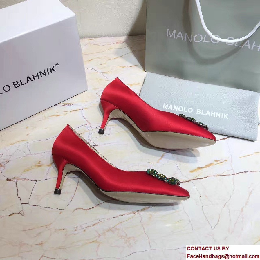 Manolo Blahnik Heel 6.5cm Hangisi Jewel Buckled Satin Pumps Red 2017