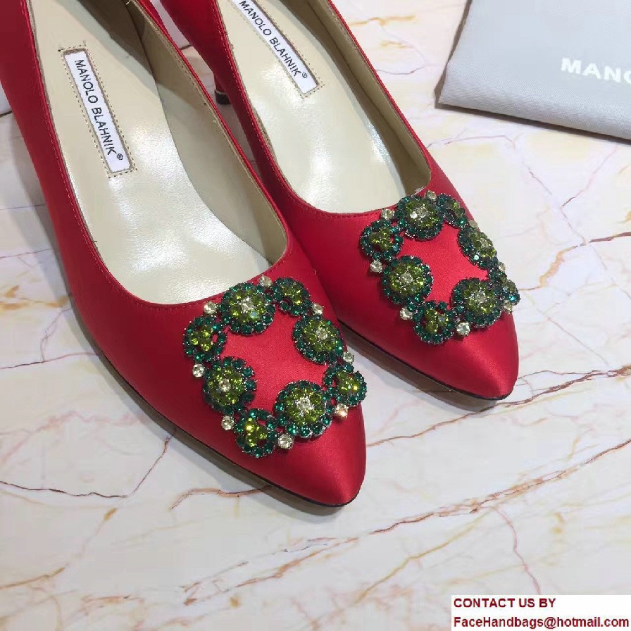 Manolo Blahnik Heel 6.5cm Hangisi Jewel Buckled Satin Pumps Red 2017