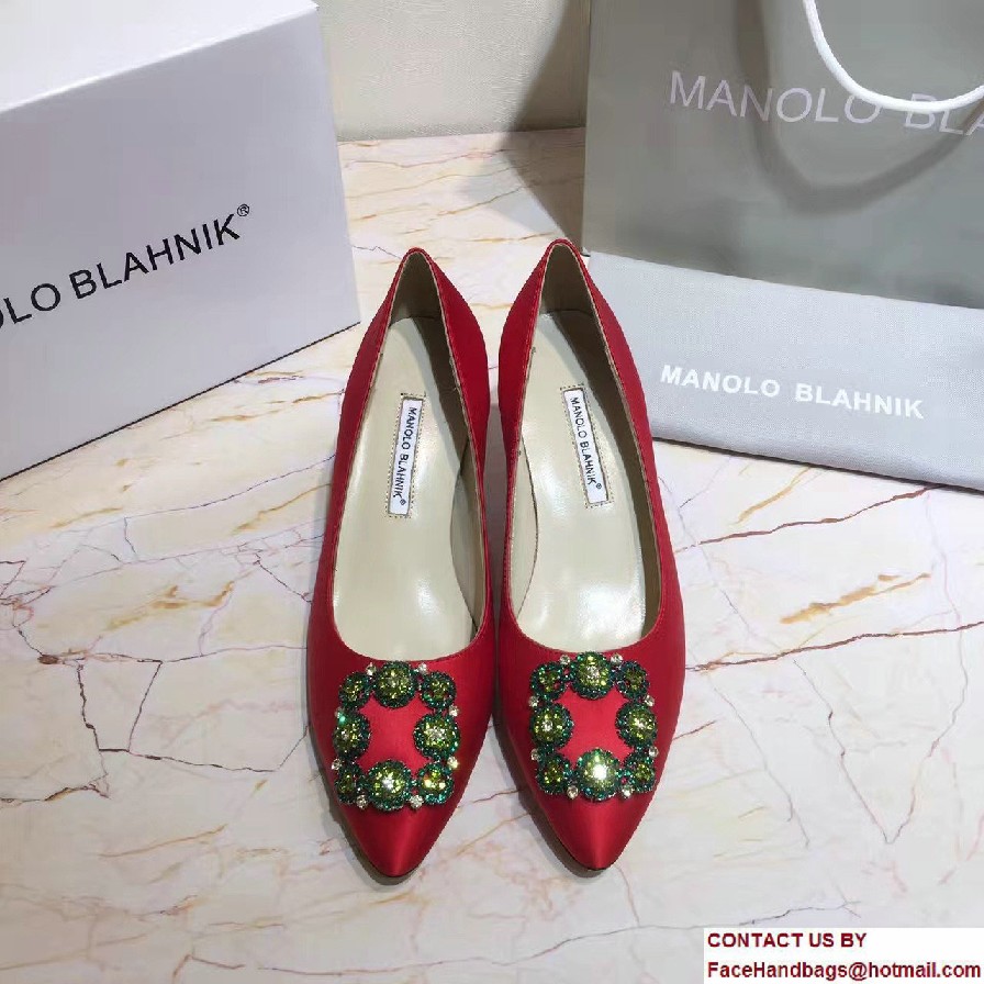 Manolo Blahnik Heel 6.5cm Hangisi Jewel Buckled Satin Pumps Red 2017