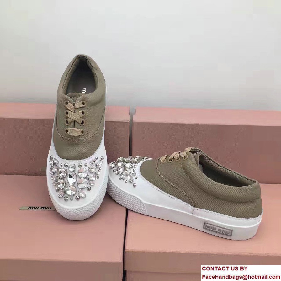 Miu Miu Jeweled Embellishment Lace-Up Sneakers Camel 2017