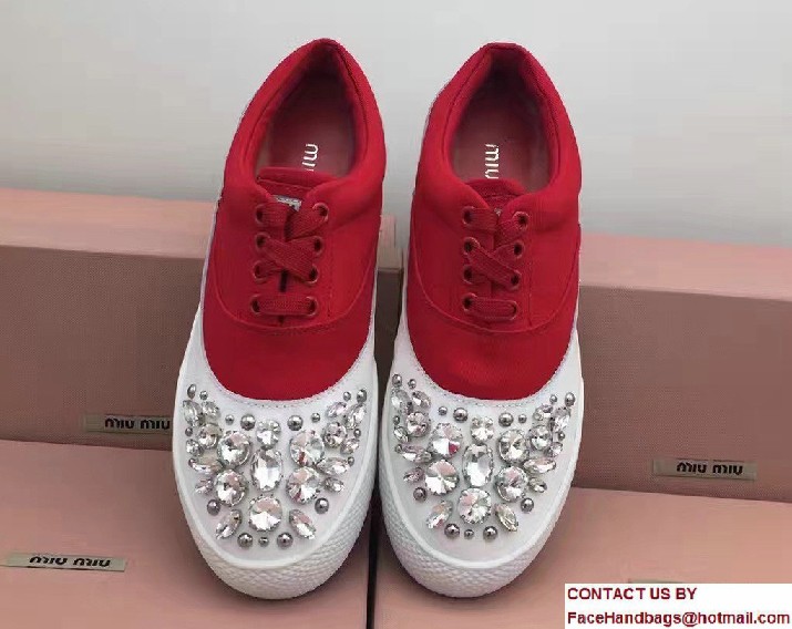 Miu Miu Jeweled Embellishment Lace-Up Sneakers Red 2017 - Click Image to Close