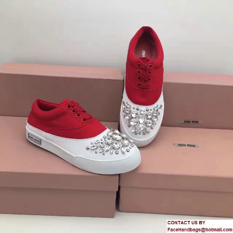 Miu Miu Jeweled Embellishment Lace-Up Sneakers Red 2017