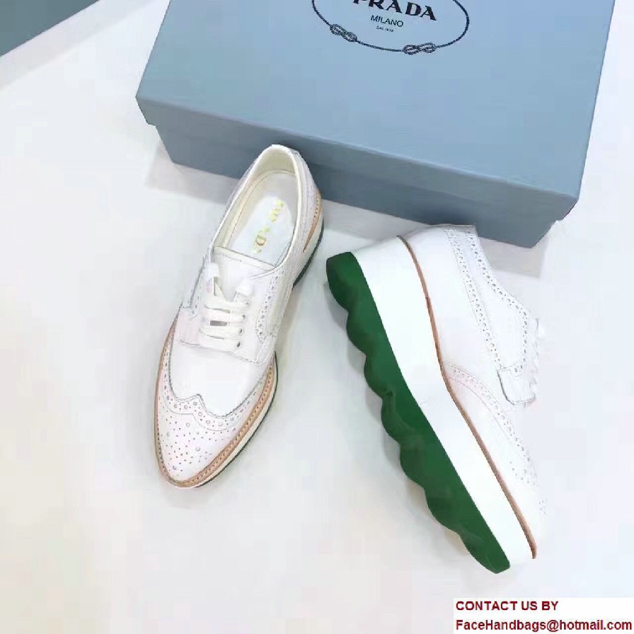 Prada Heel 5cm Wavy Brushed Leather Lace-Up Derby Shoes 1E935G White/Green 2016