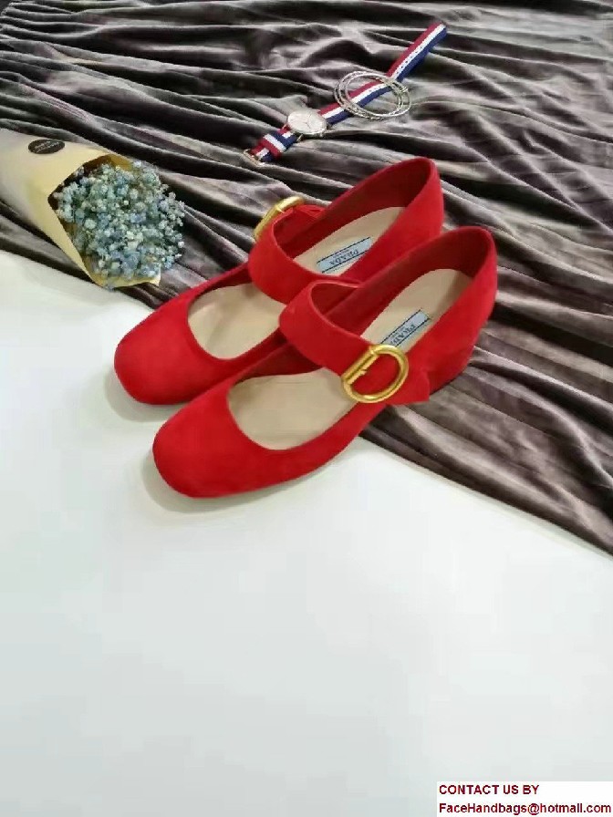 Prada Heel 6cm Suede/Velvet Mary Jane Pumps 1I107H Red 2017