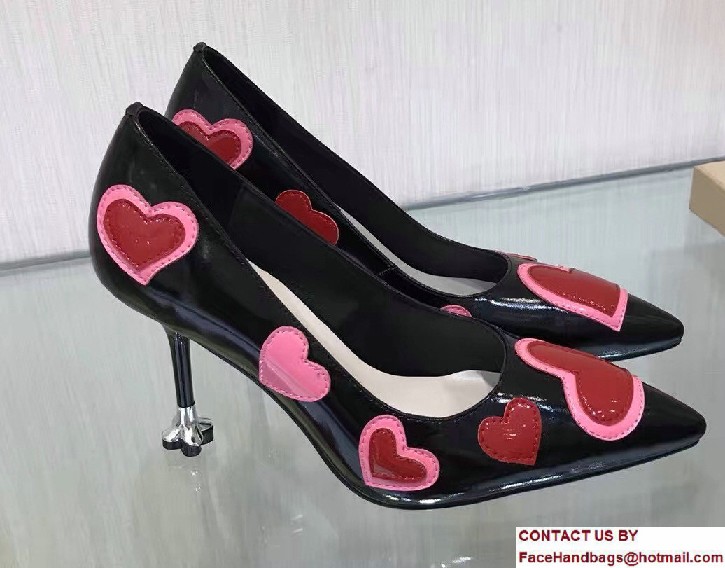 Prada Heel 9cm Heart Patent Leather Pointy Toe Pumps Black 2017 - Click Image to Close