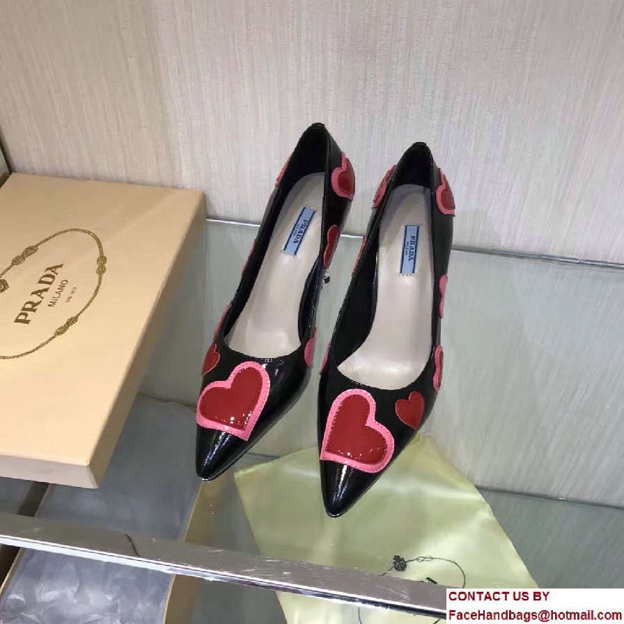 Prada Heel 9cm Heart Patent Leather Pointy Toe Pumps Black 2017