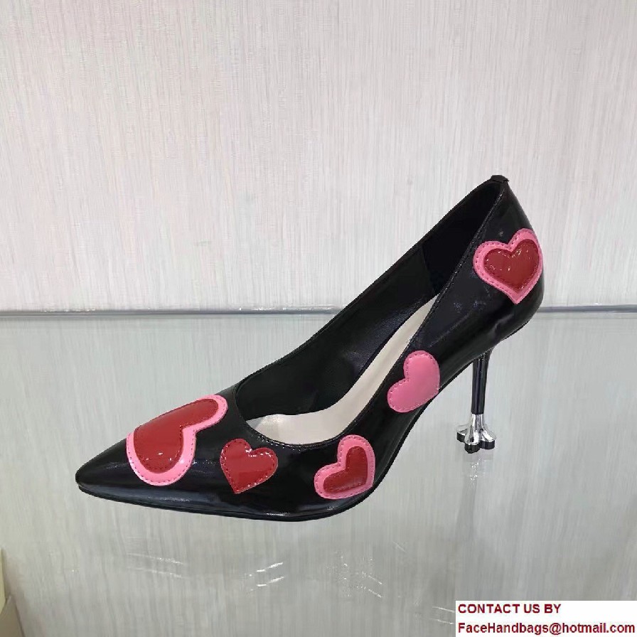 Prada Heel 9cm Heart Patent Leather Pointy Toe Pumps Black 2017