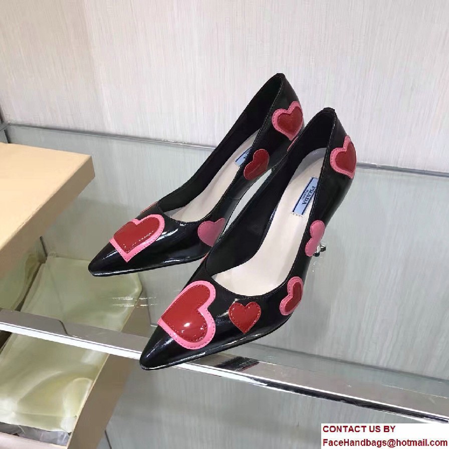 Prada Heel 9cm Heart Patent Leather Pointy Toe Pumps Black 2017