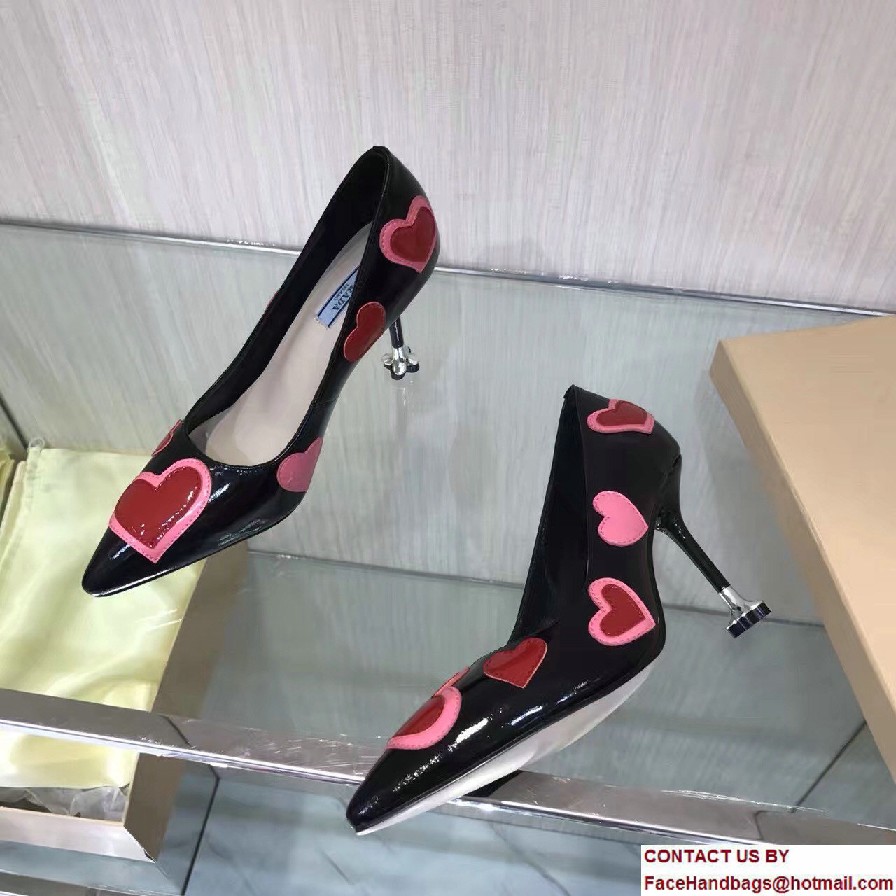 Prada Heel 9cm Heart Patent Leather Pointy Toe Pumps Black 2017