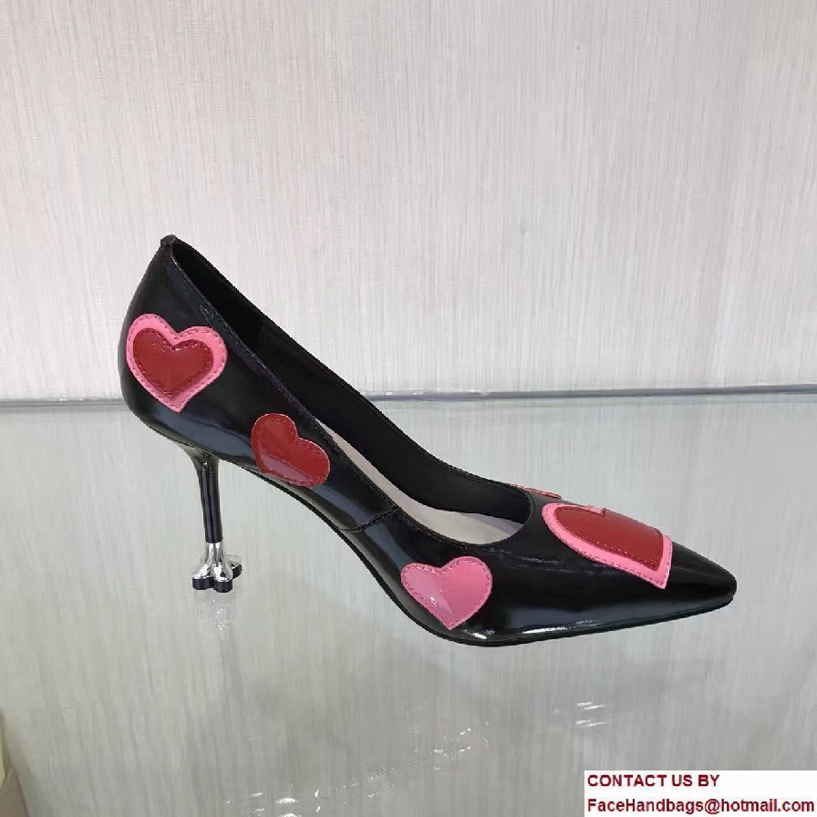 Prada Heel 9cm Heart Patent Leather Pointy Toe Pumps Black 2017