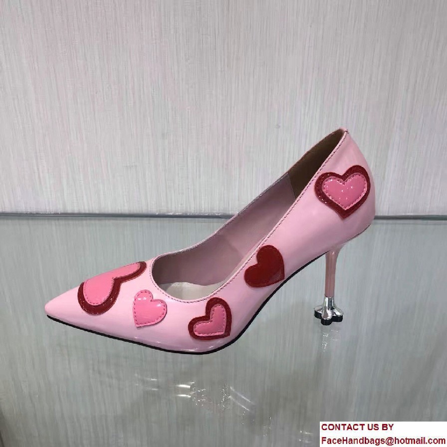 Prada Heel 9cm Heart Patent Leather Pointy Toe Pumps Pink 2017