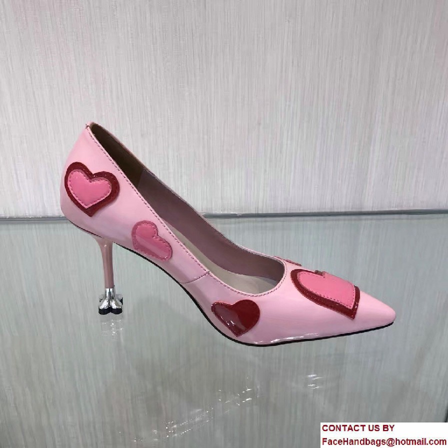 Prada Heel 9cm Heart Patent Leather Pointy Toe Pumps Pink 2017