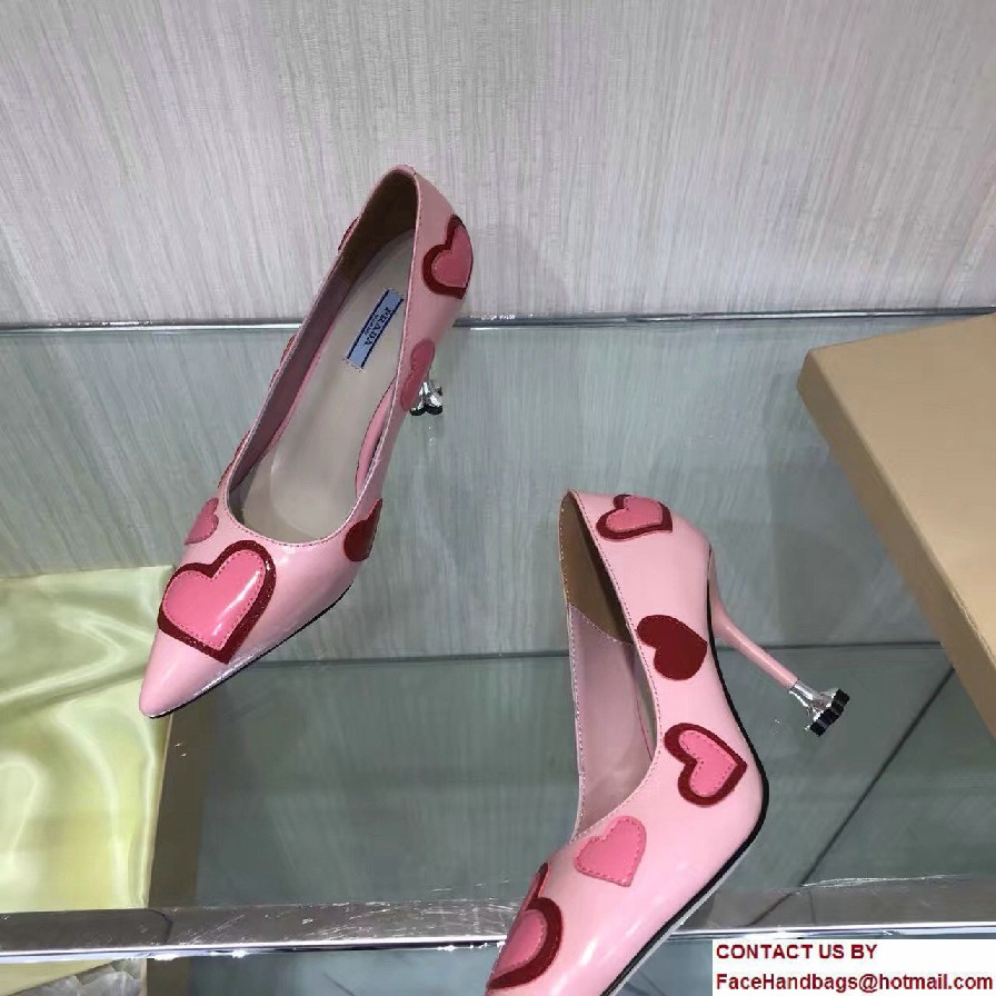 Prada Heel 9cm Heart Patent Leather Pointy Toe Pumps Pink 2017