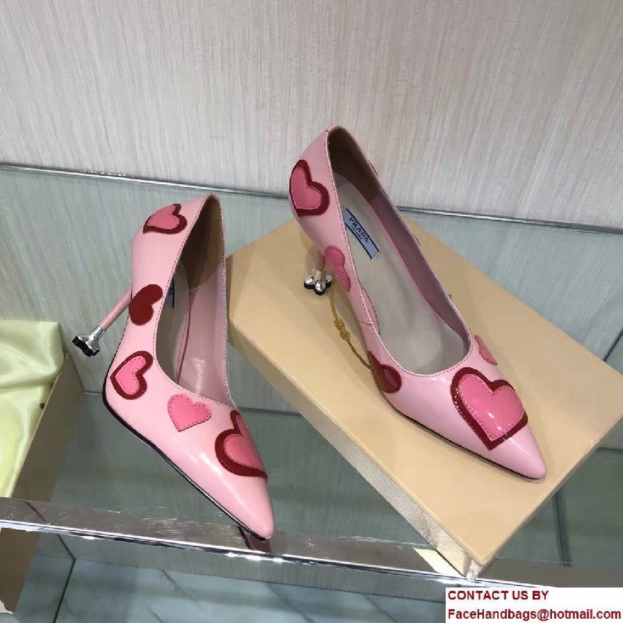 Prada Heel 9cm Heart Patent Leather Pointy Toe Pumps Pink 2017