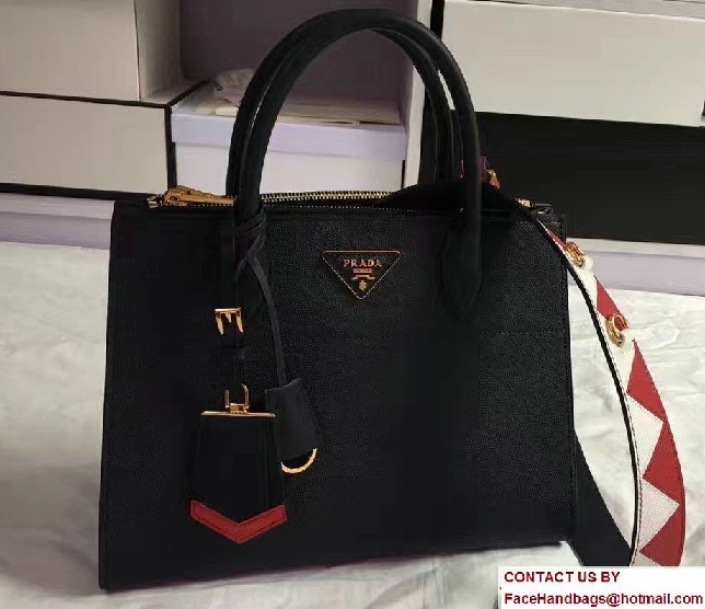 Prada Paradigme Saffiano And Calf Leather Bag 1BA102 Baltic Blue/Red With Embellishments On The Shoulder Strap 2017