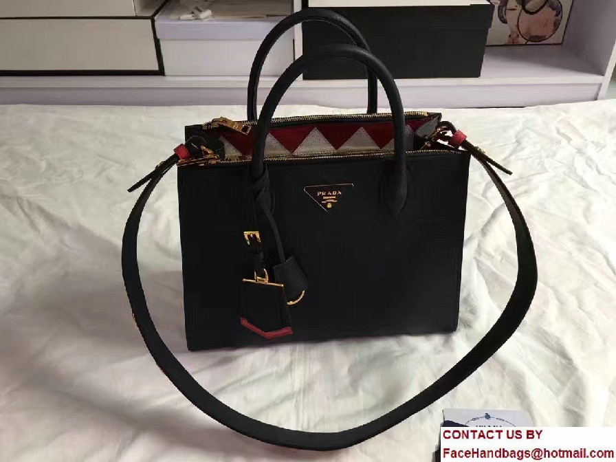 Prada Paradigme Saffiano And Calf Leather Bag 1BA102 Baltic Blue/Red With Embellishments On The Shoulder Strap 2017