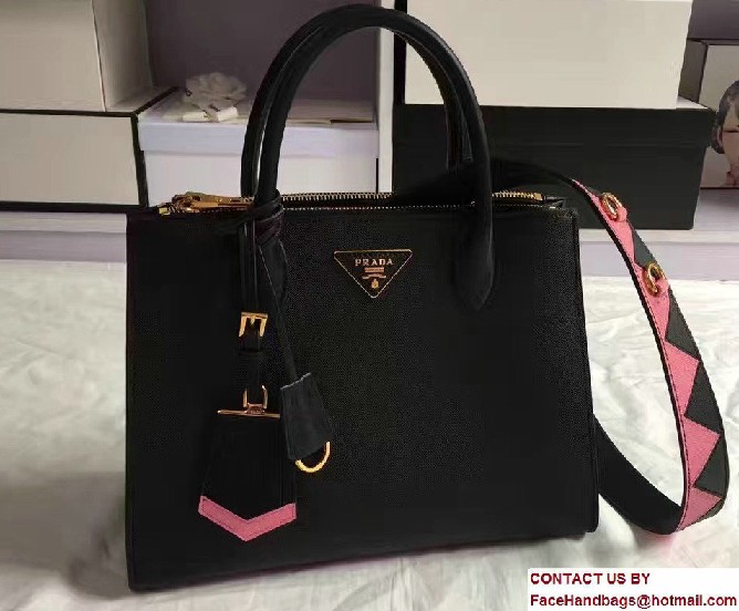 Prada Paradigme Saffiano And Calf Leather Bag 1BA102 Black/Begonia With Embellishments On The Shoulder Strap 2017 - Click Image to Close