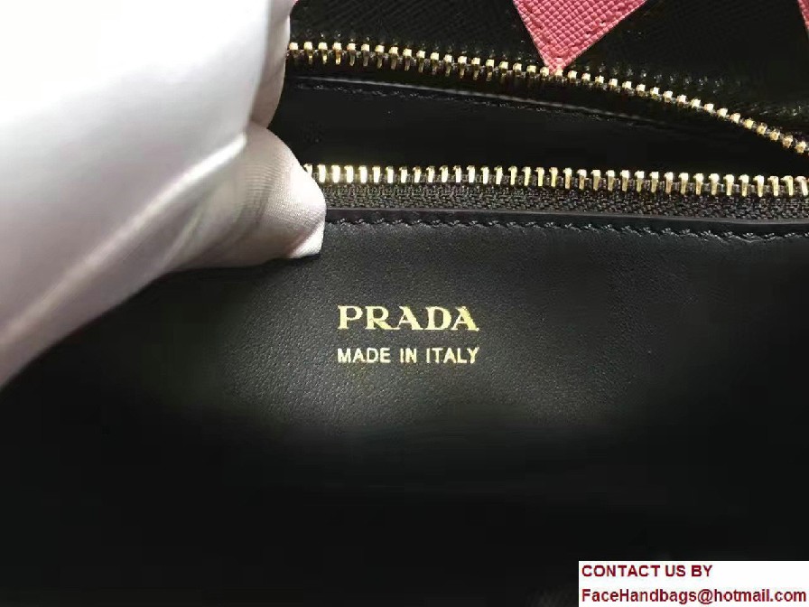 Prada Paradigme Saffiano And Calf Leather Bag 1BA102 Black/Begonia With Embellishments On The Shoulder Strap 2017