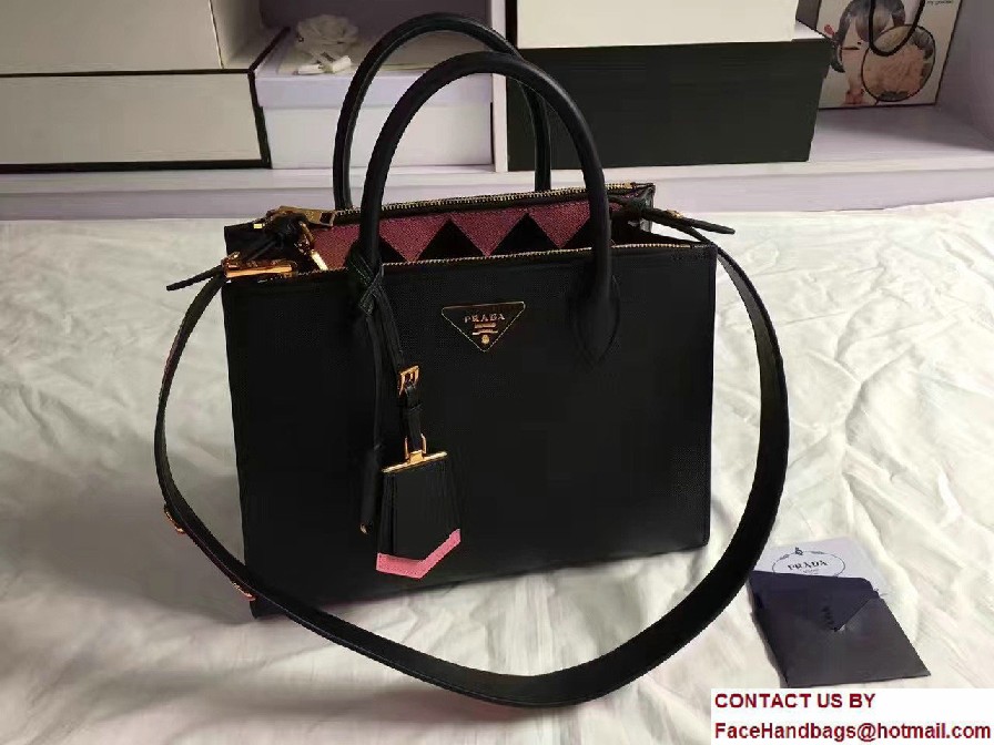 Prada Paradigme Saffiano And Calf Leather Bag 1BA102 Black/Begonia With Embellishments On The Shoulder Strap 2017